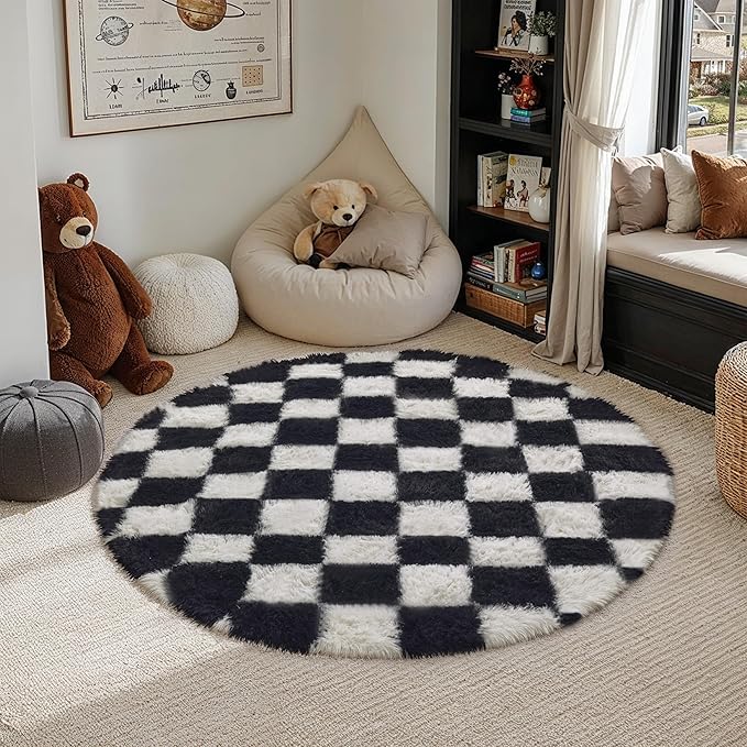 PureCozy Checkered 4x4 Round Rug for Playroom, Black and White Modern Shag Rugs Super Soft Washable Fluffy Carpet Indoor Office Fuzzy for Bedroom Living Romm Home Dorm Aesthetic Decor