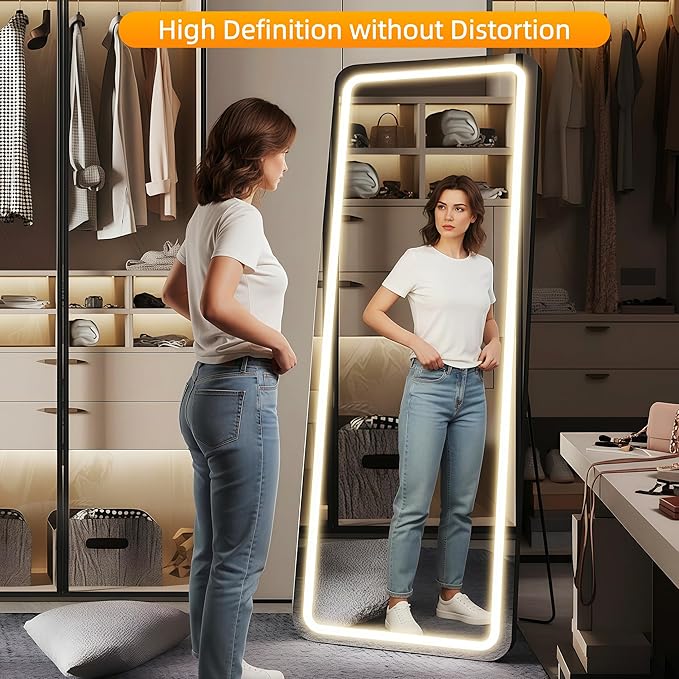 Full Length Mirror with LED Lights 65"x24"Rectangle Full body mirror with Stand Aluminum Alloy Frame, Tempered Glass Floor Mirror with Dimming&3 Color Lighting for Bedroom Dressing Room Silver