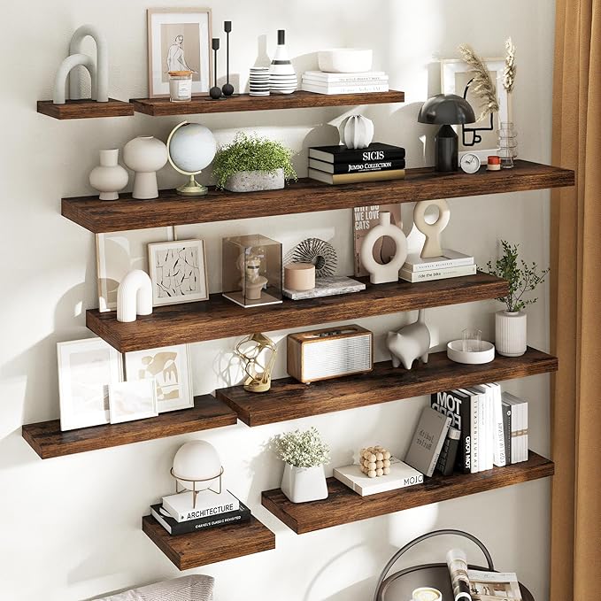 55 Inch Floating Shelves for Wall with Invisible Brackets Set of 2, 12"D Engineered Wood Wall Shelves with Wood Grain for Living Room, Bedroom, Bathroom, Kitchen Decor and Storage, Rustic Brown