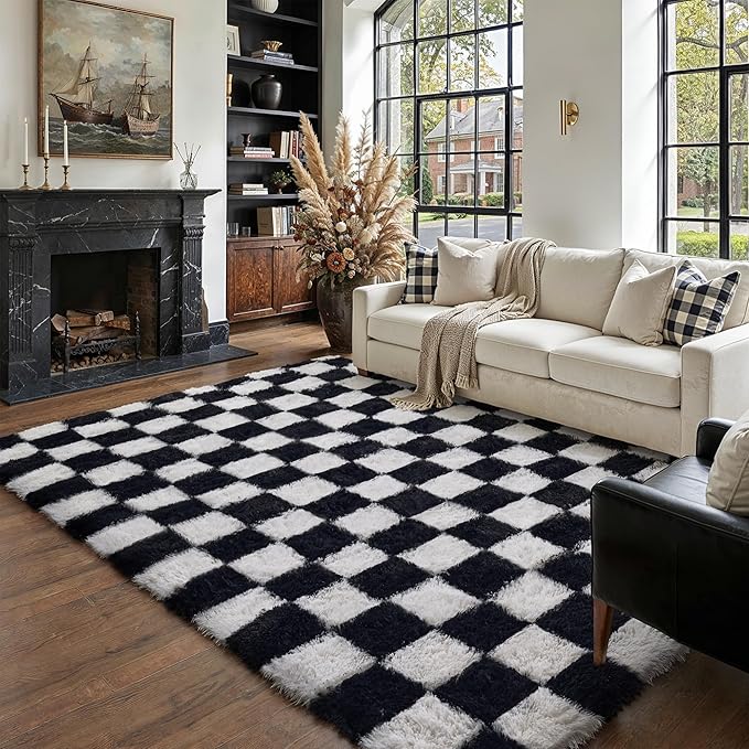 PureCozy Checkered Rug 5x8 for Living Room, Black and White Modern Shag Rugs Super Soft Washable Indoor Office Fuzzy Carpet Non-Slip Fluffy Rugs for Bedroom Home Aesthetic Decor
