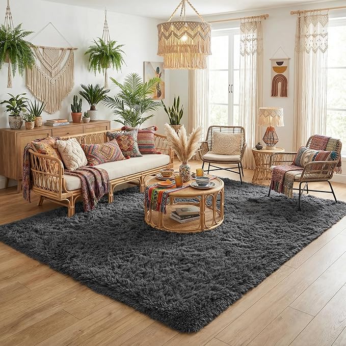 Area Rugs for Living Room, 5x7 Soft Fluffy Shaggy Rug, Machine Washable Non-Slip Plush Fuzzy Indoor Carpet, Aesthetic Home Decor for Bedroom,Kids Room,Nursery,Dorm, Smoky Gray