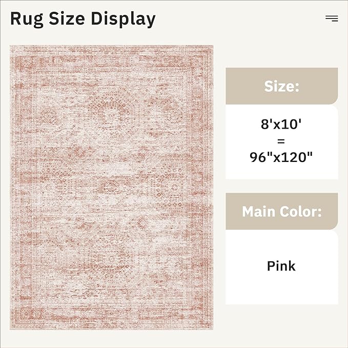 Soalmost Washable Area Rug 8x10, Large Soft Rugs for Living Room Vintage Area Rugs for Bedroom Dining Room Non-Slip Stain Resistant Pink Under Table Rug
