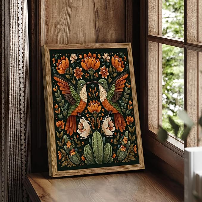 Framed Mexican Hummingbird Wall Art, Vintage Birds Animal Canvas Wall Decor Painting, Colorful Floral Cactus Botanical Poster Print Picture for Living Room Bedroom Bathroom 12x16 Inch