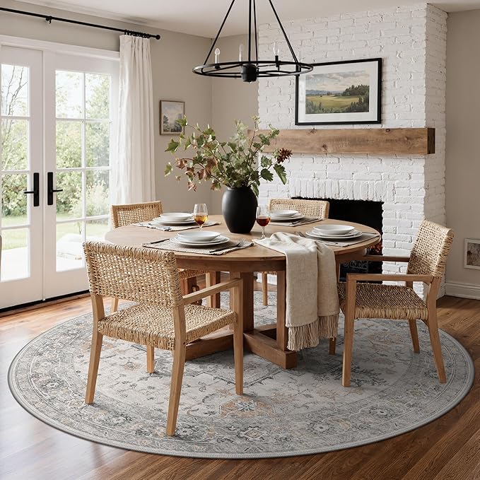 GENIMO 9FT Round Area Rugs for Living Room, Circle Rugs Machine Washable Low Pile, Chenille Non Slip Vintage Rug for Bedroom, Dining Room, Home Office, Light Taupe Brown