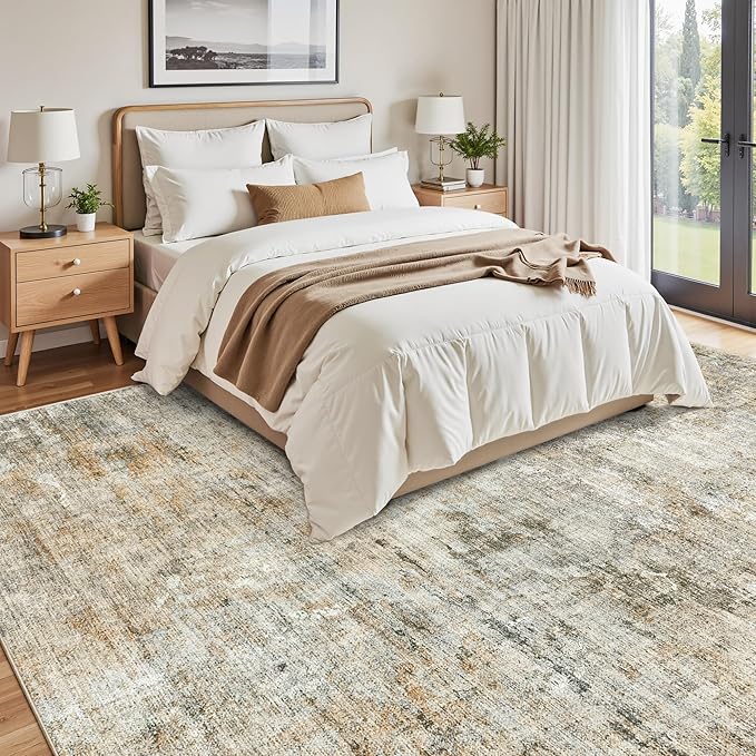 Soalmost 9x12 Area Rugs for Living Room, Non-Slip Machine Washable Vintage Rugs, Abstract Low Pile Lightweight Large Rug for Bedroom, Dining Room, Home Office Orange