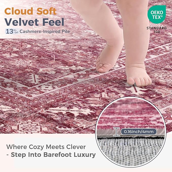 OPPODREAM Vintage Hot Pink 3x10 Runner Rug, 3 x 10 Retro Washable Rug Non Slip, Low-Pile Faux Wool Carpet, Distressed Floor Mat for Kitchen, Hallway, Entry-Way, Entrance, Indoor Back Door