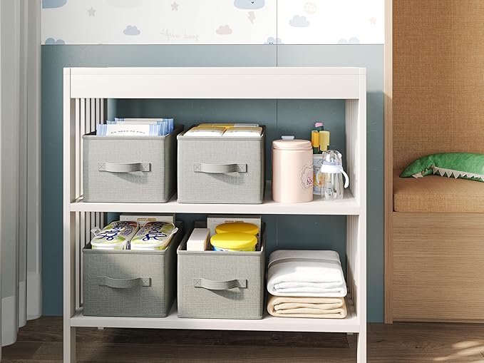 LayerSpace 3 Pack Fabric Storage Bins for Shelves | 14.75x10.25x8.25 in Storage Baskets | Fabric Closet Organizers with Handles Home Organization | Linen Clothes Storage Bins | Light Gray
