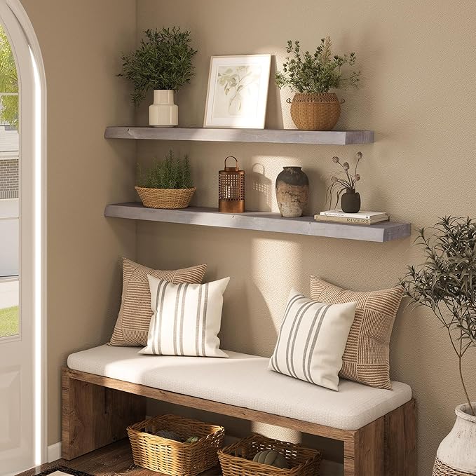 Live Edge Floating Shelf, 48 Inch Solid Elm Wood - Weathered Gray Rustic Wood Wall Shelf with Invisible Brackets for Living Room, Kitchen, Bathroom
