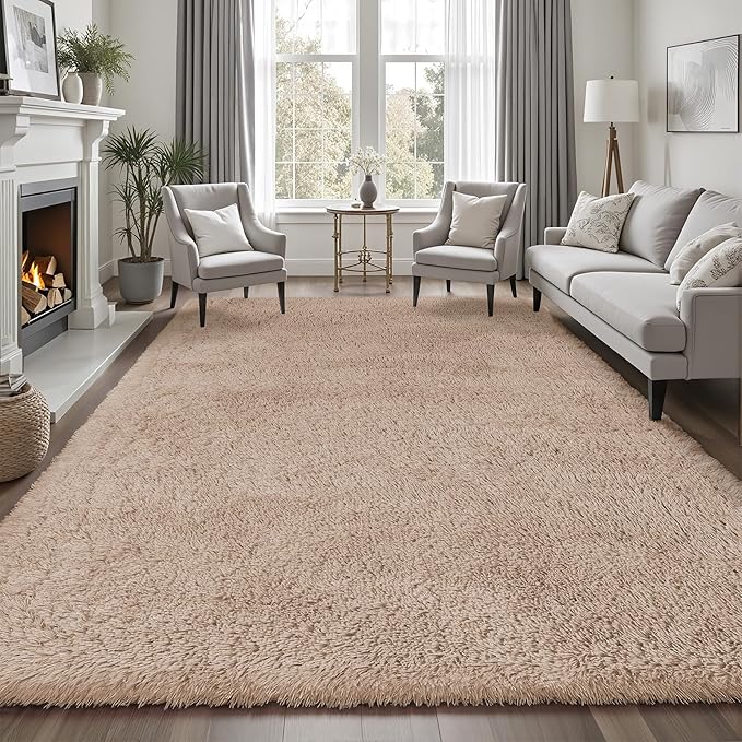 Area Rug for Living Room Bedroom: 9x12 Camel Soft Fluffy Shag Upgrade Non-Slip High Pile Carpet Large Fuzzy Plush Indoor Floor Decor Shaggy Rug for Kid Boys Girls Dorms Playroom Nursery Modern Home