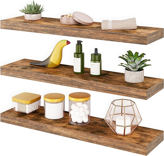 Ballucci Floating Shelves for Wall, 24" Wood Shelf Set of 3, Invisible Brackets Floating Shelf for Wall Decor Living Room, Bathroom, Bedroom, Kitchen, 6" Depth, Rustic Brown