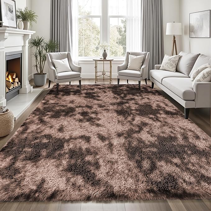 8x10 Area Rugs for Living Room Bedroom:Soft Fluffy Shag Upgrade Non-Slip High Pile Carpet Large Fuzzy Plush Indoor Floor Decor Shaggy Coffe Tie-Dyed Rug for Kid Boys Girls Playroom Nursery Modern Home