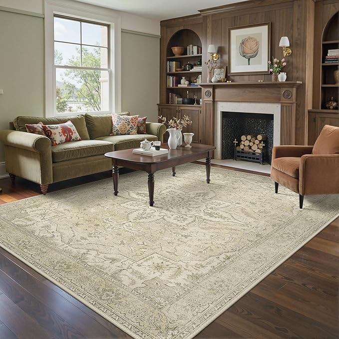 GENIMO 8X10 Washable Vintage Area Rugs for Living Room, Non-Slip Low Pile Chenille Print Rug, Soft Rugs for Bedroom Dining Room Home Office, Linen & Taupe