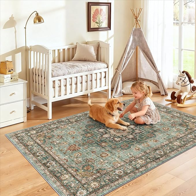 4x6 Area Rugs for Living Room: Perfect for Bedroom Kitchen Kids Room Nursery - Stain & Water Resistant Non-Slip Pet & Child Friendly Vintage Carpet (Green, 4x6)