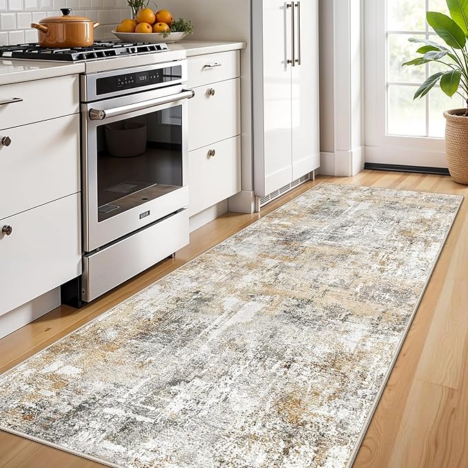 3x8 Washable Non-Slip Runner Rug – Modern Abstract Neutral Wide Carpet Runner for Kitchen, Hallway, Entryway, Bathroom, Bedroom – Low-Pile Thin Floor Mat with Rubber Backing (Gold Grey)