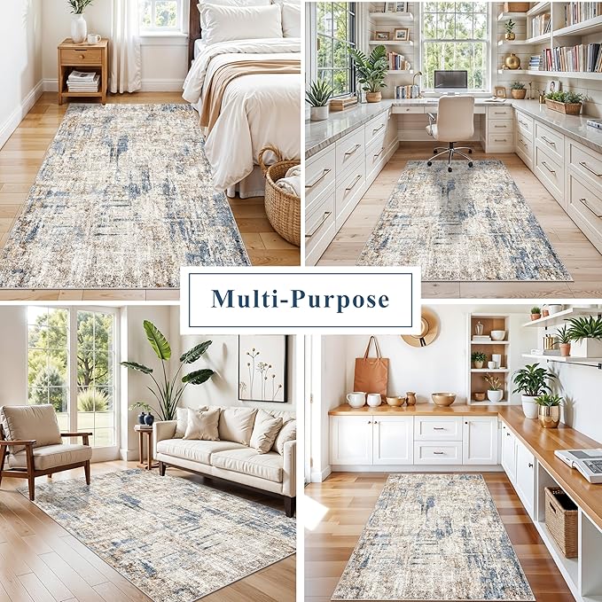 4x6 Washable Entryway Rug – Non-Slip Low-Pile Small Area Rug for Kitchen Bedroom Living Room Office – Modern Abstract Neutral Throw Carpet with Rubber Backing(Blue Brown)