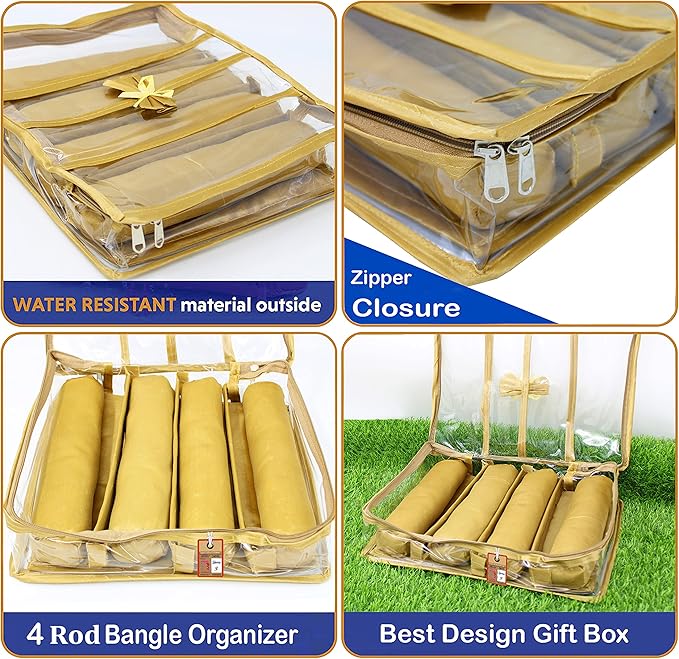 atorakushonSatin Fabric 4 Rod Bangle Box Organizer for Women Girls Jewellery Pouch Storage Bag Makeup Travel Wardrobe Wedding Set for Bride Golden