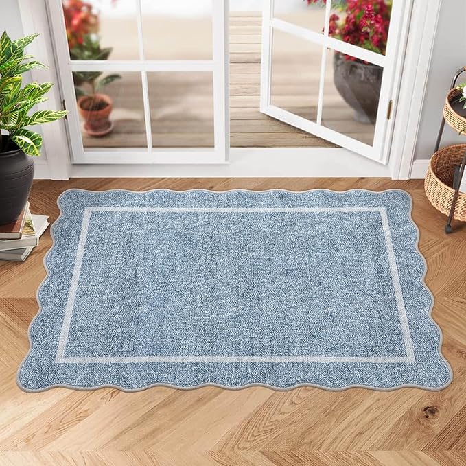 GarveeHome Scalloped Door Mat Indoor Entrance 2x3 Rug Machine Washable Boho Solid Small Area Rug Non-Slip Low Pile Throw Rugs for Entryway Kitchen Front Door Indoor Entrance Entry Kids Room, Blue