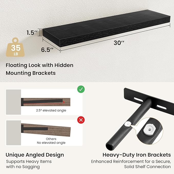 Fun Memories Floating Shelves for Wall, Rustic Wood Wall Mounted Shelves for Bathroom, Bedroom, Living Room & Kitchen, Storage Display Shelves, (Set of 2, Black, 30 in)