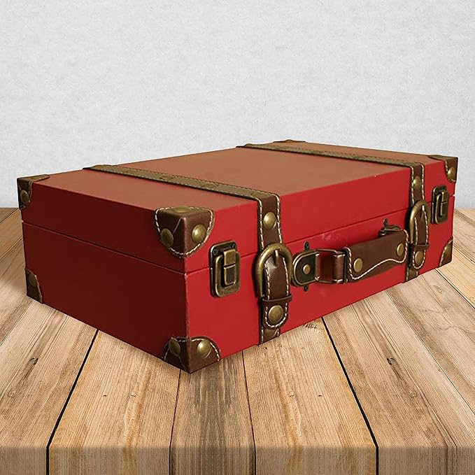 wald imports - Paperboard Suitcase -Decorative Storage Boxes - Suitcase for Decoration, Storage, and More (Faux Leather Red)