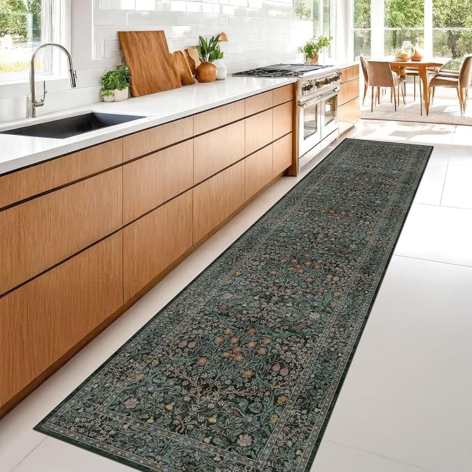 Dark Green 2x8 Runners for Hallways, 8ft Long Floor Runner for Kitchen, Entryway Indoor, Washable Non Skid Rubber Backing Stain Resistant - Vintage Floral Décor