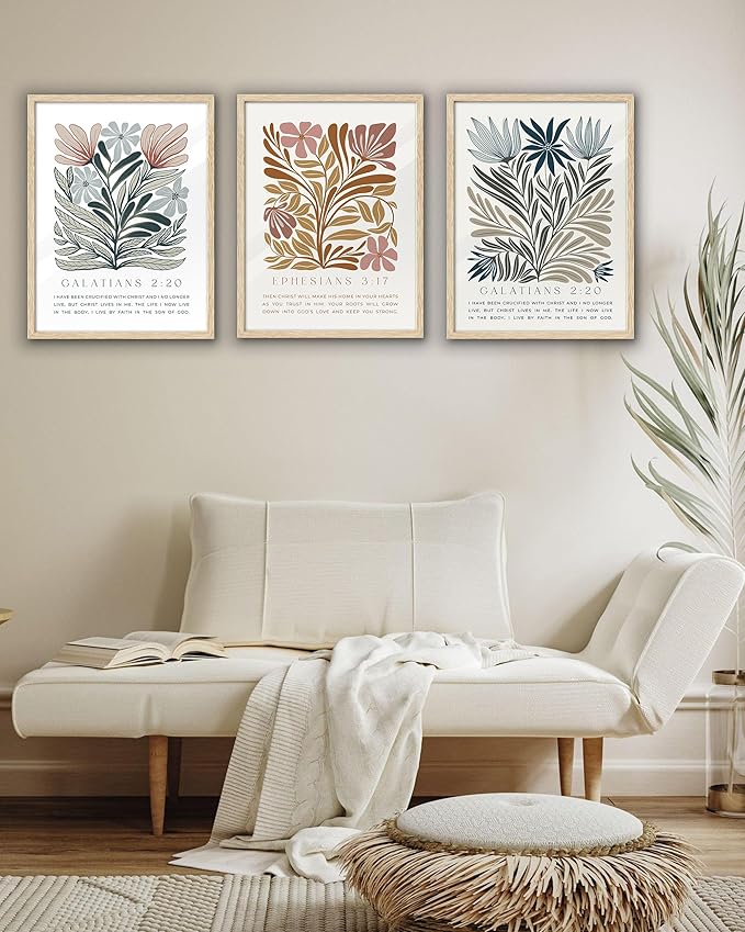 EcoHest Bible Verse Floral Framed Wall Art, 12x16 in OAK Wood Boho Abstract Flowers Canvas Wall Art, Galatians 2:20 Home Decor, Beige Logs Boho Christian Set of 1 for Bedroom Living Room