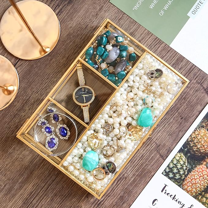 Vintage Glass & Brass Jewelry Box with 4 Compartments - Makeup Organizer, Cosmetic and Treasure Display Case, Elegant Storage Box for Vanity