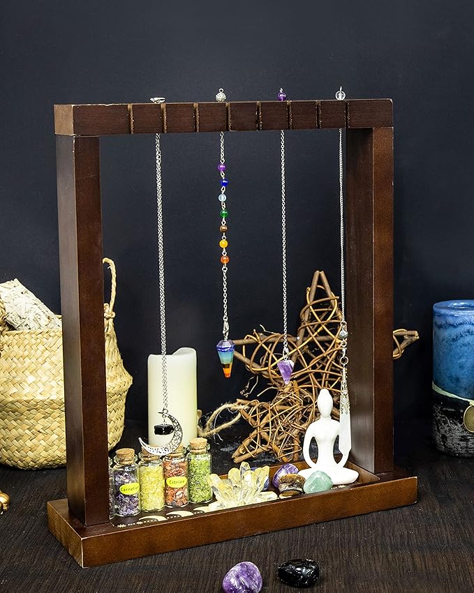 Moon Phase Pendulum Display Stand with Tray, Wood Wiccan Crystal Holder for Up 15 Pendulum, Witchcraft Supplies Witch Organizer for Incense Charging Necklace Healing Stone Gift Rack