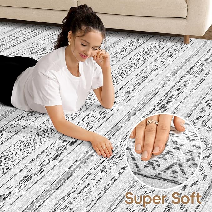 cotiled 9x12 Area Rug Living Room: Washable Boho Rugs with Non Slip Backing Large Soft Indoor Stain Resistant Carpet for Bedroom Farmhouse Dining Room Lightweight Home Decor Cream Grey