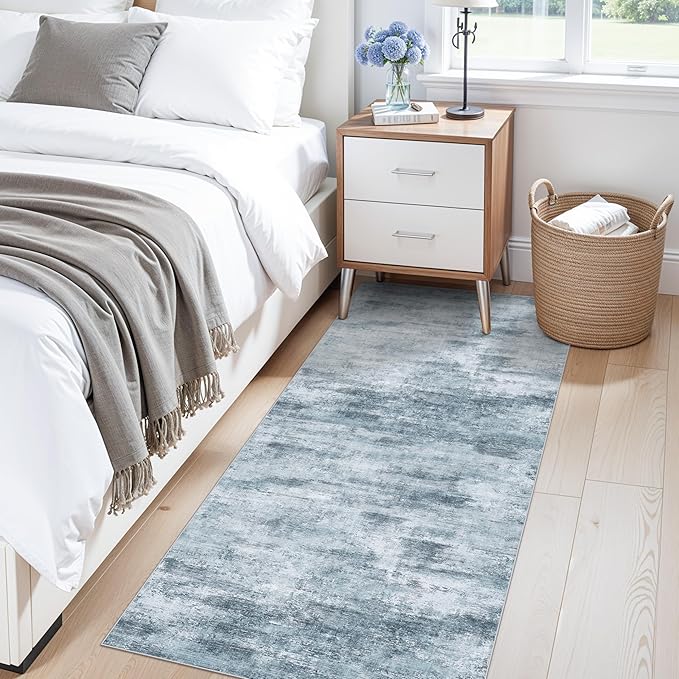 2x5 Non-Slip Washable Runner Rug – Modern Neutral Abstract Small Rug for Hallway, Kitchen, Bathroom, Bedroom, Entryway, Laundry Room – Thin Soft Low-Pile Rubber Backing (Blue Grey)