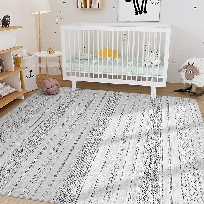 Nakagishi 7x10 Area Rug Living Room: Washable Boho Large Neutral Modern Soft Farmhouse Rugs Stain Resistant Indoor Floor Non-Slip Carpet for Bedroom Nursery Kids Playroom Office Dining Room- Grey