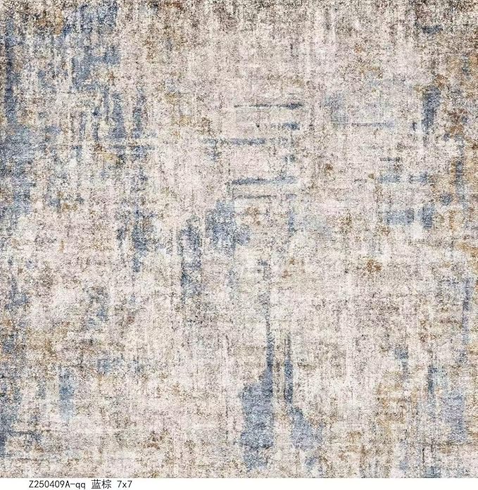 4x4 Square Entryway Rug Washable – Non-Slip Small Area Rug for Kitchen or Bathroom, Soft Low-Pile Indoor Mat, Modern Abstract Thin Door Carpet (Blue Brown)