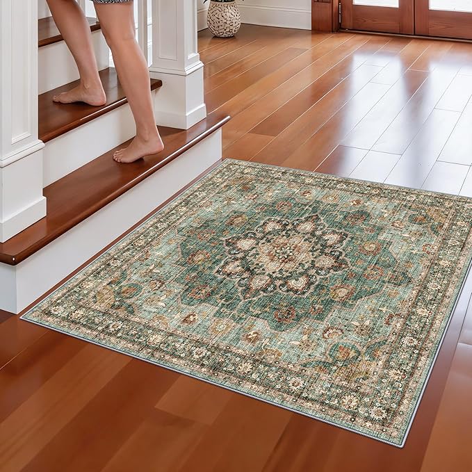 TOPRUUG Green Washable Entry Rug - 3x3 Area Rugs for Kitchen Bedroom Bedside Bathroom Entryway Non Slip with Rubber Backing Low Pile Ultra Soft Stain Resistant Small Carpet (Green, 3x3)