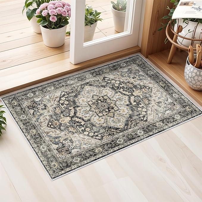 Washable Oriental Area Rug - 2x3 Rugs for Living Room Soft Carpet for Bedroom Waterproof Floral Distressed Indoor Stain Resistant Non-Shedding Floor Carpets (Black/Grey, 2x3)
