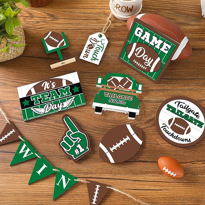 13 Pcs Football Tiered Tray Decor Wooden Football Table Centerpieces Decor Rustic Wooden Sport Game Sign for Fans Rugby Theme Party Supplies