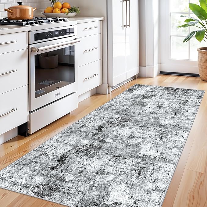 3x7 Washable Non-Slip Kitchen Runner Rug – Modern Abstract Neutral Beige & Gray Carpet for Hallway, Entryway, Bedroom, Laundry Room – Low-Pile Thin Wide Floor Runner with Rubber Backing （Grey）
