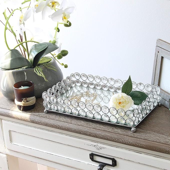 Elegant Designs HG1010-CHR Elipse Crystal Decorative Mirrored Jewelry or Makeup Cosmetic Perfume Vanity Organizer Tray, Chrome (Pack of 3)