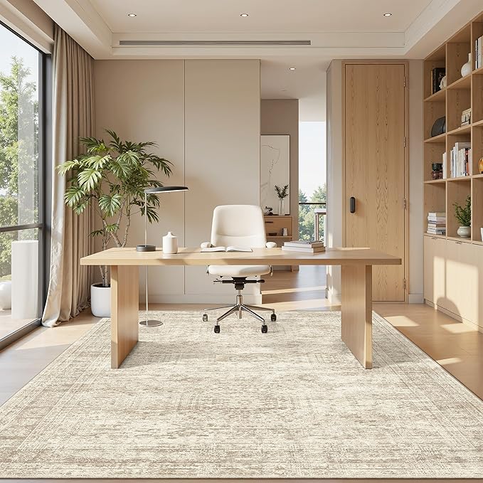 Soalmost 4x6 Area Rugs for Living Room, Vintage Washable Rugs for Dining Room, Bedroom, Home Office Decor, Non-Slip Beige Carpet Thin Rug