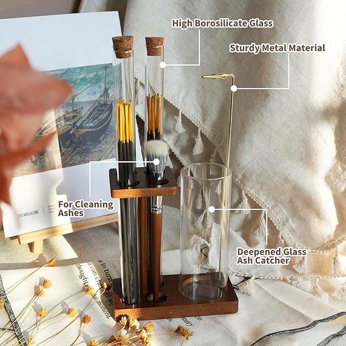 2 in 1 Incense Holder for Sticks Wooden Incense Burner with Glass Ash Catcher Three Incense Sticks Storage Tubes and Brush for Meditation Yoga Spa Home Decor