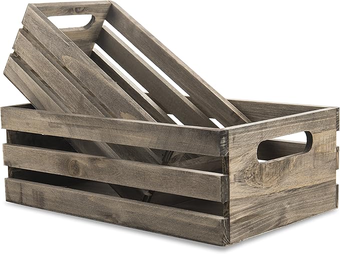 MyGift Rustic Brown Wood Decorative Storage Boxes with Cutout Handles - Country Style Nesting Crates, Open Top Pallet Design Bins, Set of 2