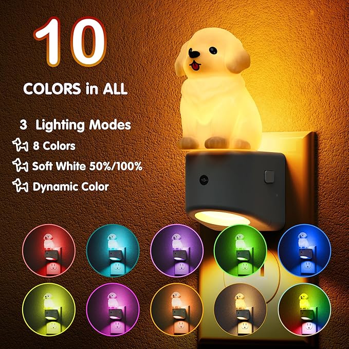 L LOHAS LED Night Light for Kids,3D Cute Puppy Night Lights,Golden Retriever with Dusk to Dawn Sensor, RGB+Soft White 3000K,Dog Night Light,Birthday Gift Nightlight for Kids, Room Decor,2Pack