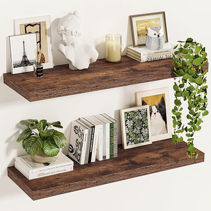 Vivelove 12 Inch Deep Floating Shelves for Wall, 24x12 Long Wall Shelves with Invisible Brackets, for Living Room Bedroom Bathroom, Farmhouse Rustic Shelves Home Decor, Set of 2, Rustic Brown