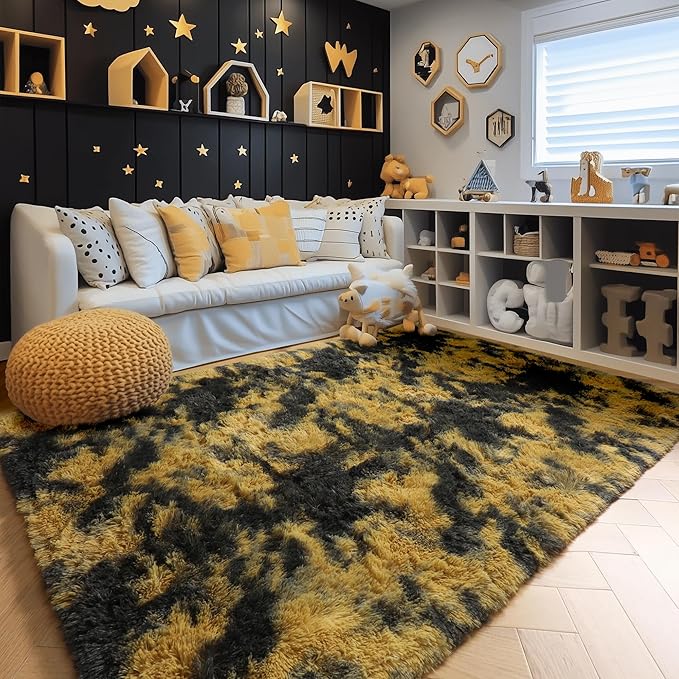 Amdrebio Black Gold Yellow Grey Rugs for Bedroom Living Room Decor, Fluffy Furry Fuzzy Shaggy Area Rug 4x6 for Kids Room Dorm Home Office, Modern Cool Leopard Cheetah Shag Carpet for Teen Boys Men