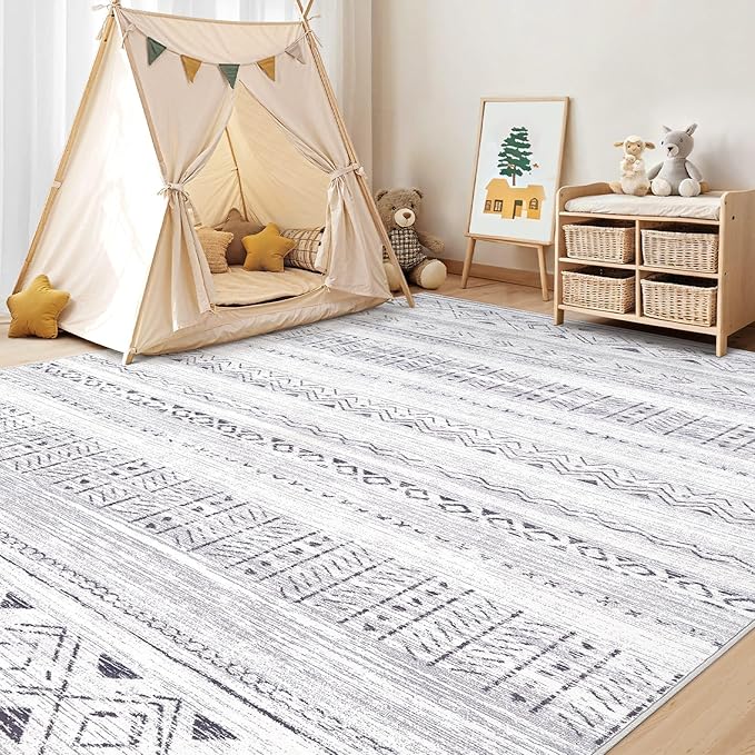 cotiled 8x10 Area Rug Living Room: Washable Boho Rugs with Non Slip Backing Large Soft Indoor Stain Resistant Carpet for Bedroom Farmhouse Dining Room Lightweight Home Decor Dark Grey