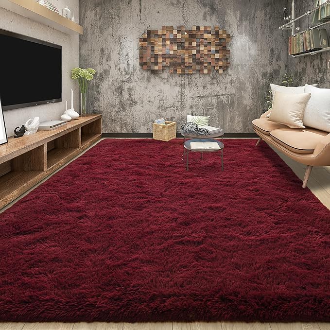 Tepook Fluffy Large Rugs for Living Room, 8x10 Area Rugs for Bedroom, Modern Shag Fuzzy Carpets for Kids Boys Girls, Plush Indoor Nursery Home Decor Rug with Non-Slip Bottom, Burgundy Red