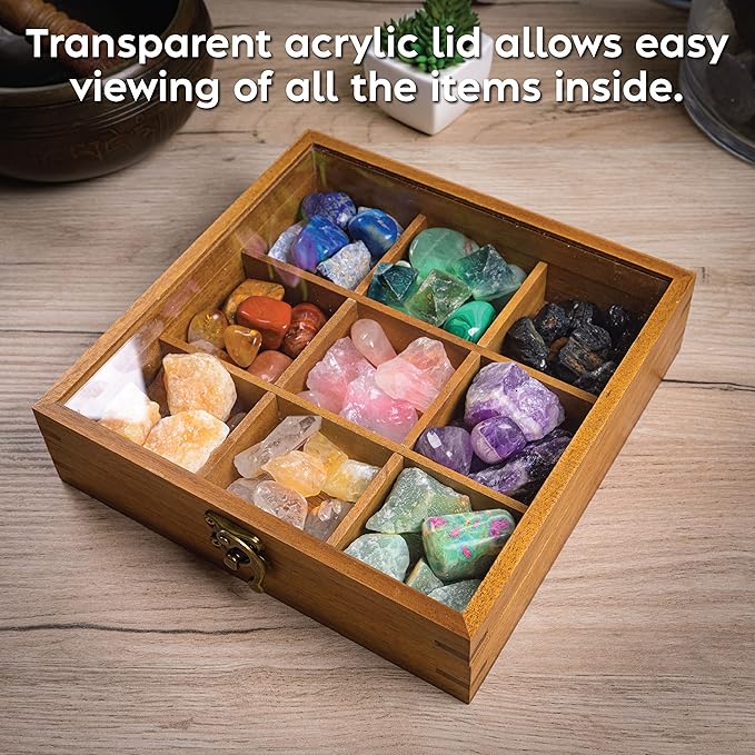 Curawood Rock Display Case - 8" x 8" Rock Collection Box for Kids & Adults - Crystal Holder for Stones Display Shelf with 9 Compartments & Acrylic Lid - Gemstone & Crystal Storage Box Organizer