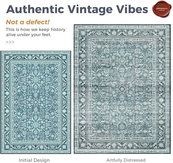 OPPODREAM Vintage Teal Area Rugs 10x14, 10 x 14 Retro Washable Rug Non Slip, Low-Pile Faux Wool Carpet, Distressed Floor Mat for Living Room, Bedroom, Office, Dorm, Dinning Room, Big & Large