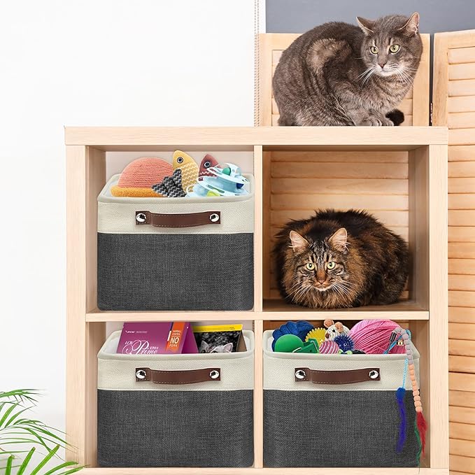 Simple Houseware Large Fabric Storage Bin, 15" x 11" with Leather Like Handles, 3 Pack, Dark Gray