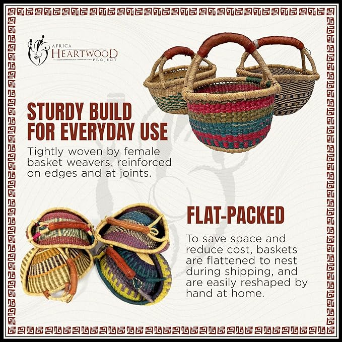 Africa Heartwood Project - Deluxe Colorful African Basket with Leather Handles - Handmade from dried Elephant Grass, Hand-Woven by Women in Bolgatanga, Ghana - Small 10" Round (Flat-packed)