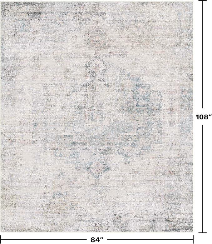 Hazo Haus Blue Farmhouse Area Rug for Bedroom - 7x9 Washable Rug for Dining Room Table, Ultra-Thin Soft Textured Boho Abstract Blue and Gray Indoor Decor, Fade & Stain Resistant
