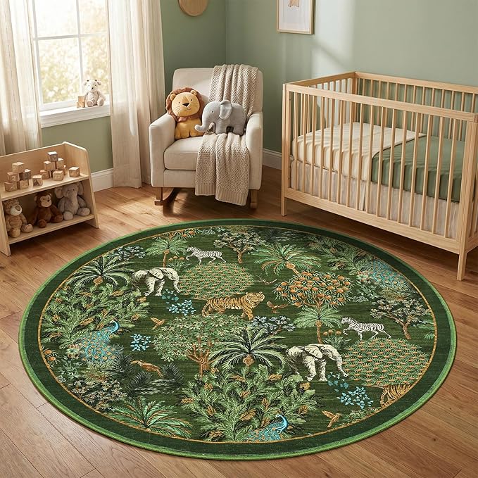 GarveeHome Jungle Round Washable Rugs 6ft Non-Slip Soft Round Rug for Kids Room, Forest Animal Print Tiger Circle Carpet for Bedroom Entryway Playroom Nursery, Dark Green